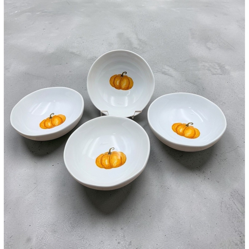 Set 4 Williams Sonoma Sugar Pumpkin Bowls Wavy Edge 5.5" Fall Harvest Dishes